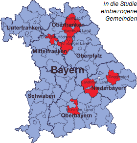 In die Studie einbezogene Gemeinden.  Bild: Krebsregister Bayern