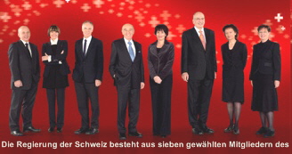 Die Regierung der Schweiz (Exekutive) besteht aus den sieben Mitgliedern des Bundesrats, die von der Vereinigten Bundesversammlung für eine vierjährige Amtsdauer gewählt sind. Bild: http://www.admin.ch/br/org/index.html 